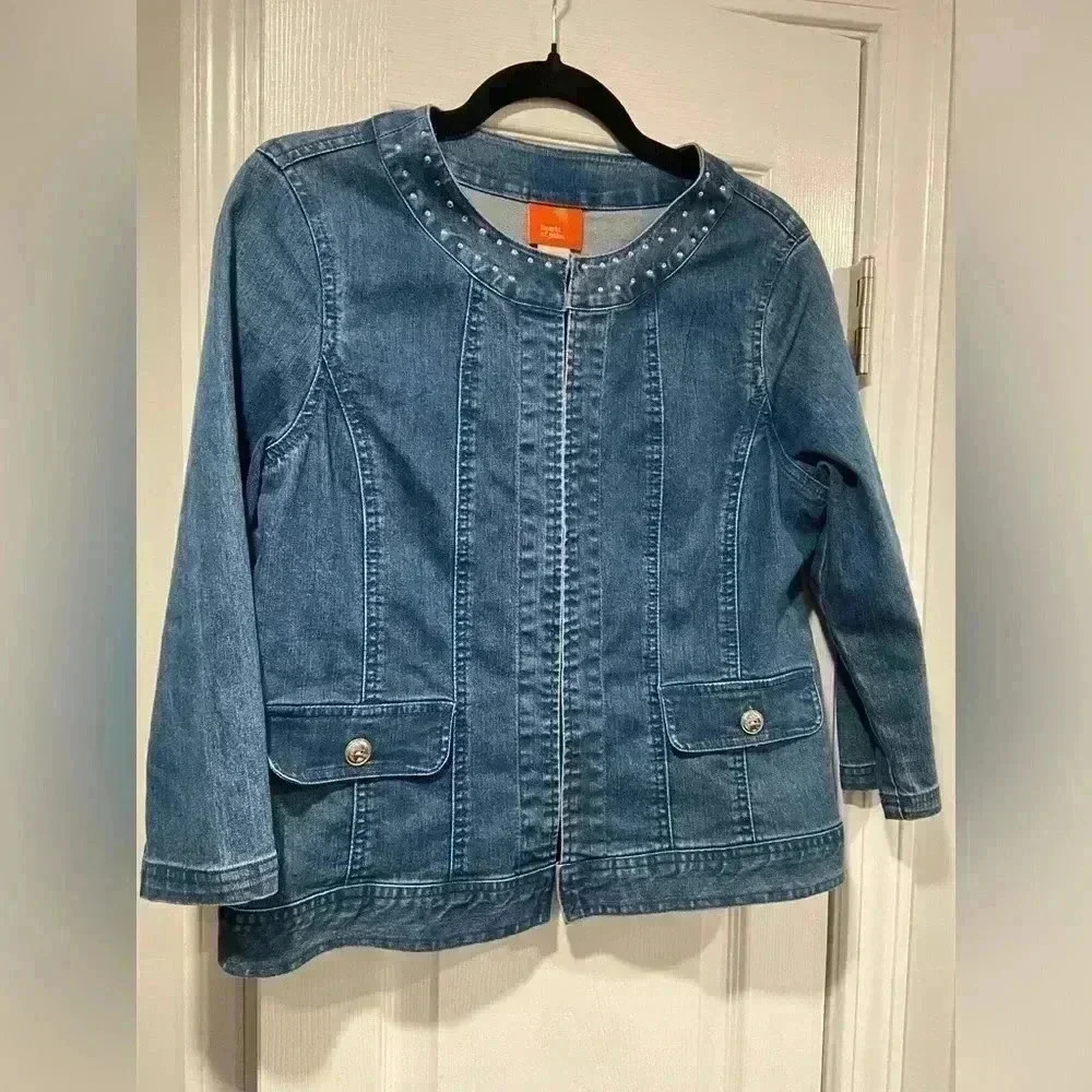 Hearts of Palm 3/4 Sleeve Rhinestone Crew Neck Denim Jacket Hook Loop Size 6